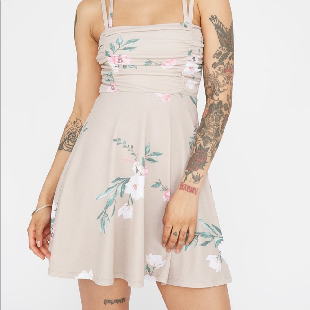 Floral Printed Ruched Double Strap Skater Dress